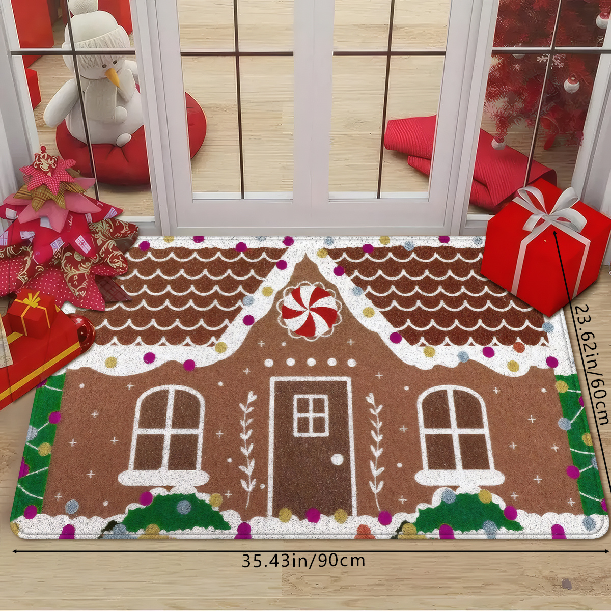 TEMU 1pc, Gingerbread House Style Christmas Themed Doormat, Cartoon Candy Decorative Pattern Entrance Mat, Non-slip Doormat For , Soft And Absorbent