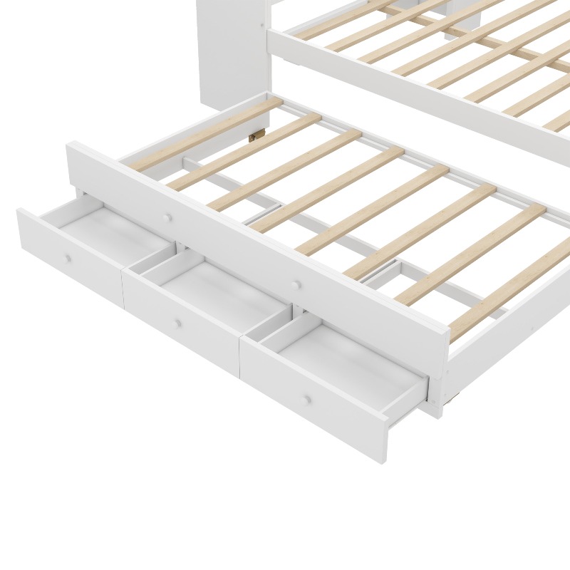 Full Size Daybed with Trundle, Wood Day Bed Frame with Storage Drawers And Side Shelves, Daybed with Desk, No Spring Box Needed, White