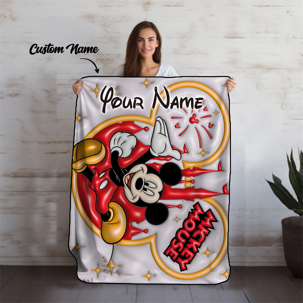 TEMU Custom   Mickey Mouse Plush Blanket - Personalized Name, Flannel Throw For , Bed, Sofa, Chair