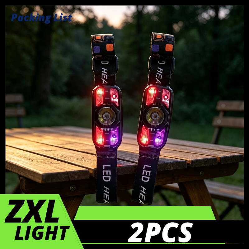 TEMU 2pcs Led Headlamp, Cob Floodlight Flashlight With Red Light , Angle Adjustable Usb Rechargeable Fishing Torch, Motion Sensor Camping Light For