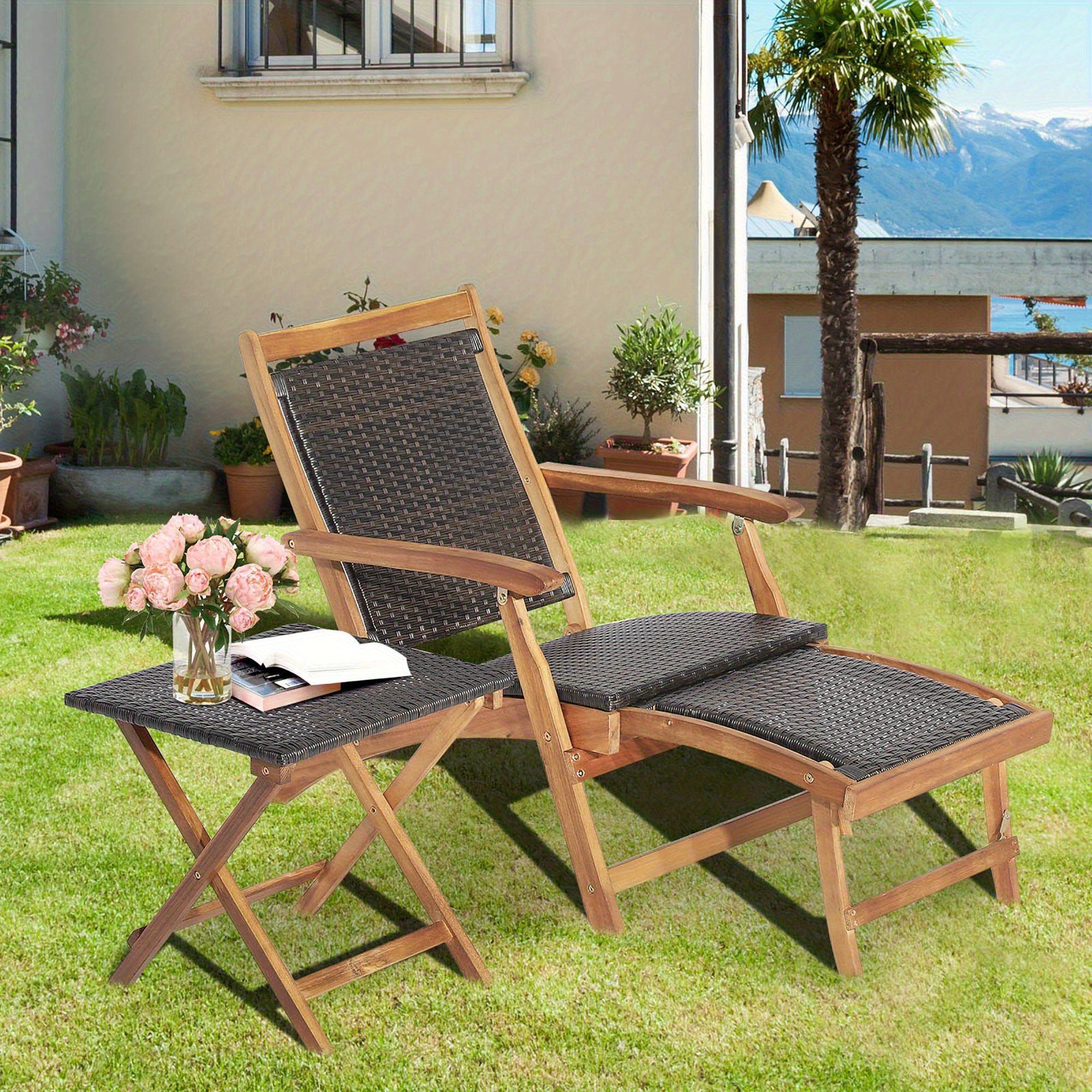 MULTIGOT 2pcs Patio Rattan Folding Lounge Chair Table Acacia Wood W/Retractable Footrest