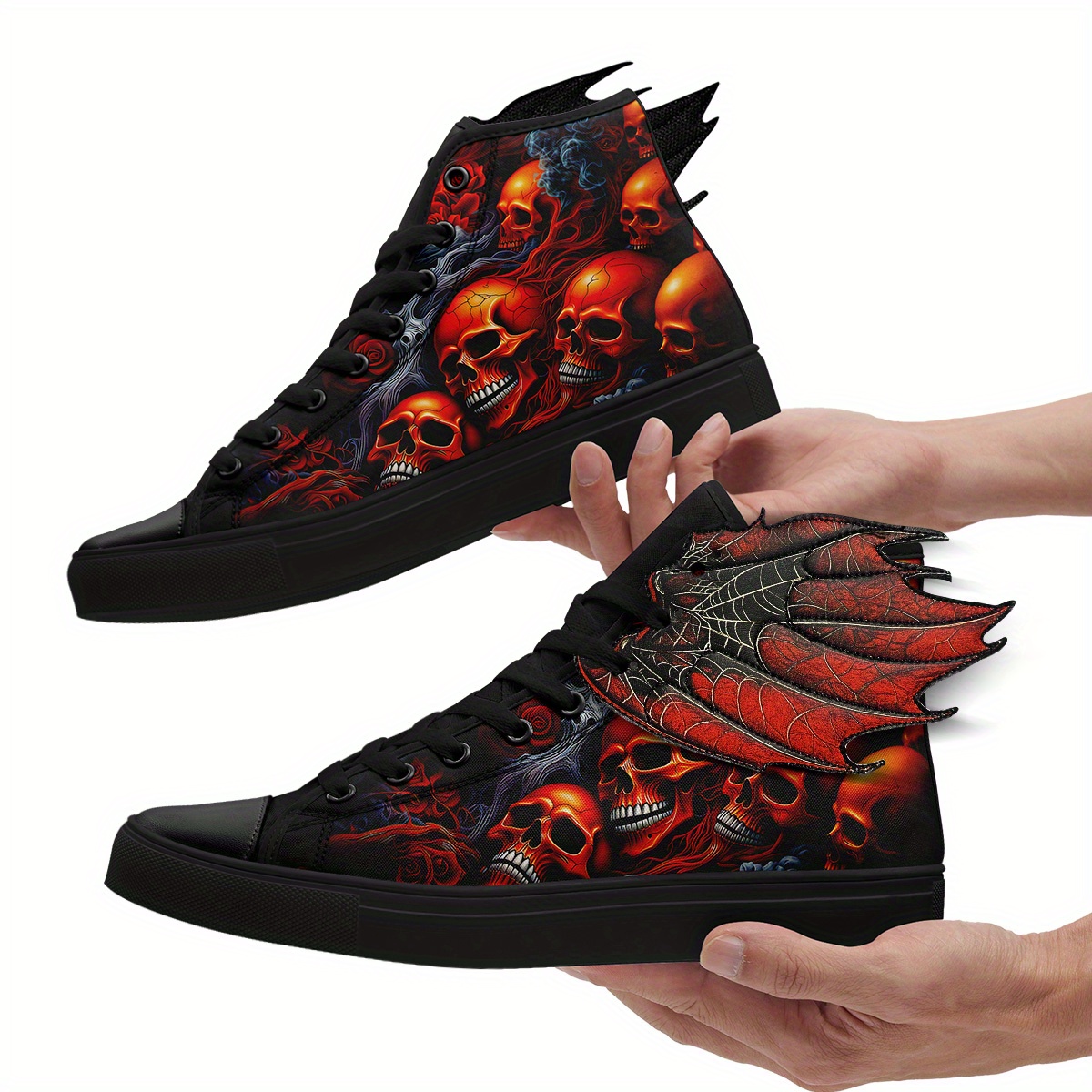 Men's Gothic Skull Wing High-Top Sneakers, 3D Wing Halloween Red Flame Skull Print Design Shoes, Spooky Horror Punk Streetwear Shoes