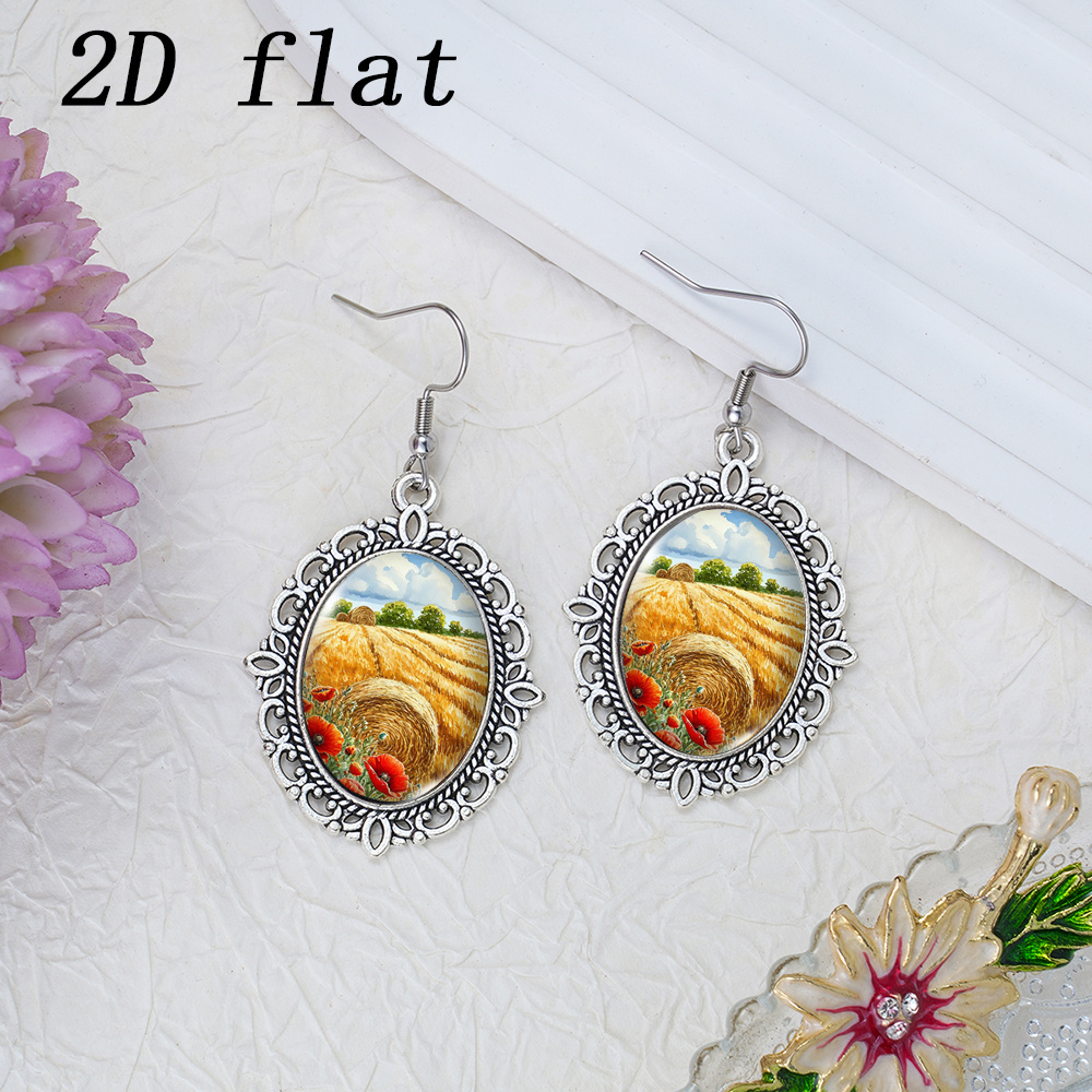 Golden Autumn Wheat Field Poppies Pattern Gem Glass Earrings