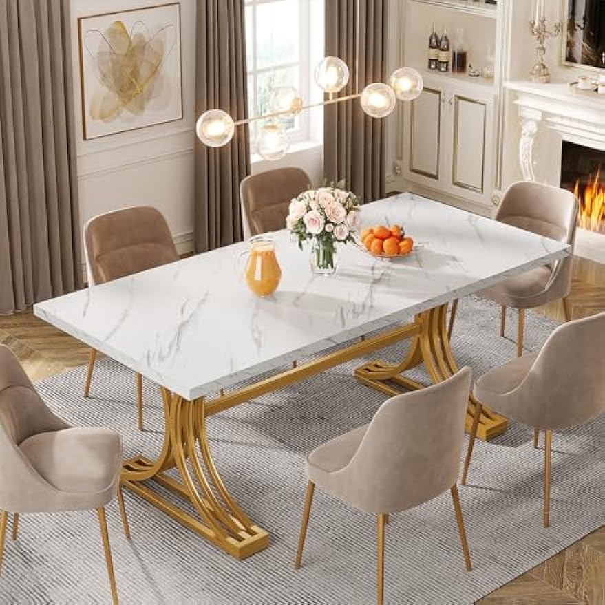 63-inch Modern Rectangular Dining Table Suitable For 4-6 People, White Golden & Metal Base, Wood Table /dining Room, Assembly, Space- For Small Homes, Contemporary Dinner Table