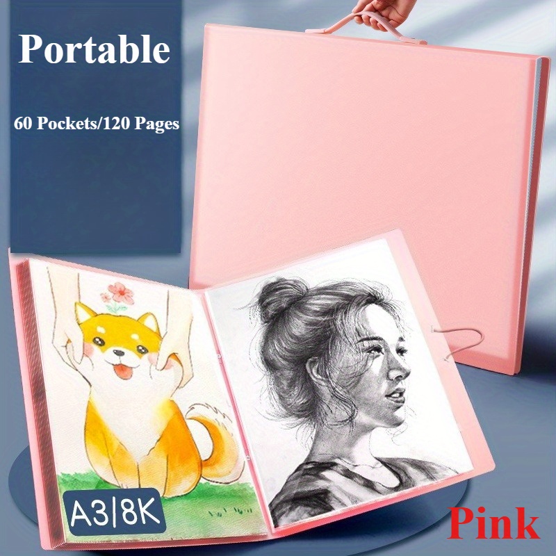 TEMU A3/8k Large Art Portfolio With Handles, 60 Pockets Large Portfolio Folder Display 120 Pages, A3 File Folder Portable Album With Clear Sheet