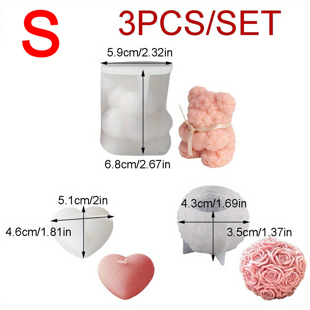 E-shop 3-tlg./Set Sitzender Rosen-Teddybär Harz-Flüssigform, DIY-Gittergewebtes-Herz-Kerzen-Silikonform, Romantisches