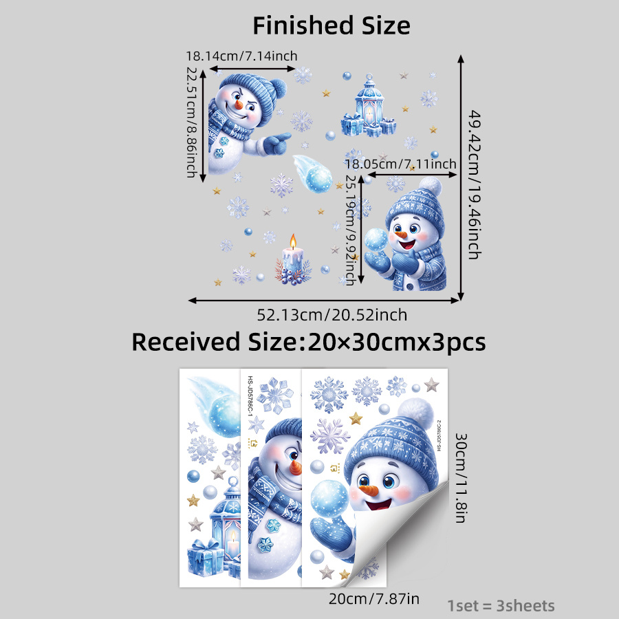 TEMU 3 Sheets Cartoon Christmas Snowman Wall Stickers, Snowflake Star Bubble Window Decor Pattern, Double-sided Visibility Removable Static Window
