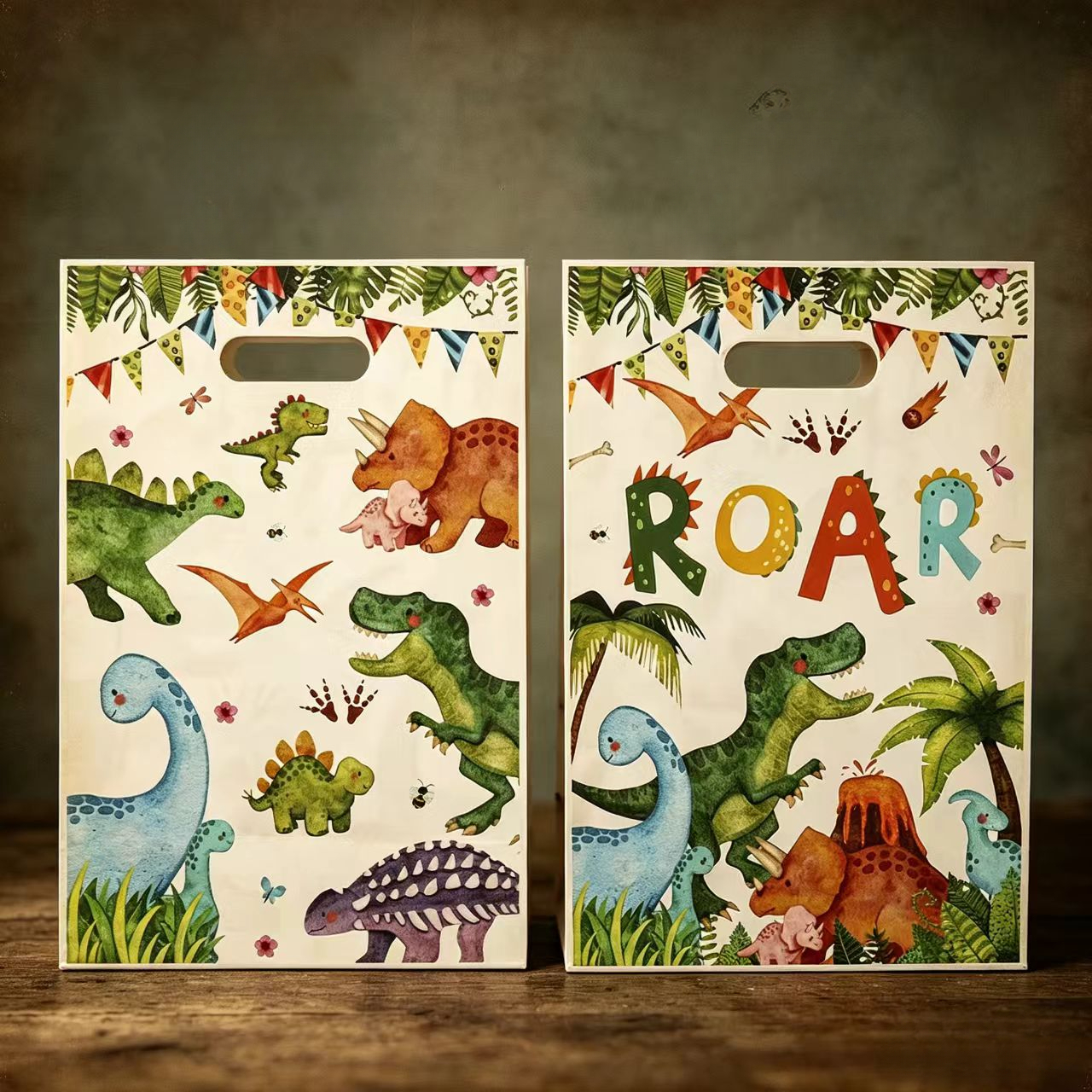 TEMU Gift For Her/him New Watercolor Dinosaur Party Gift Bags 10/15/20/50pcs Dinosaur Pattern Plastic Handbags, Suitable For Birthday Party Favors,