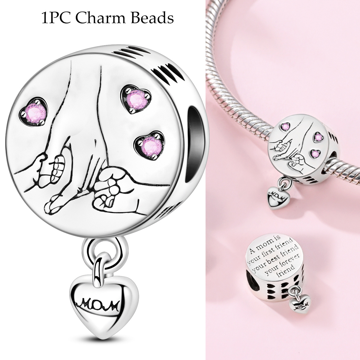 E-shop 2026 Muttertag Kollektion: Eine Mutter ist eine Freundin. Rosa herzförmiges, hohles Anhänger-Armband, ideal für 3mm Schlangenmuster-Armbänder,