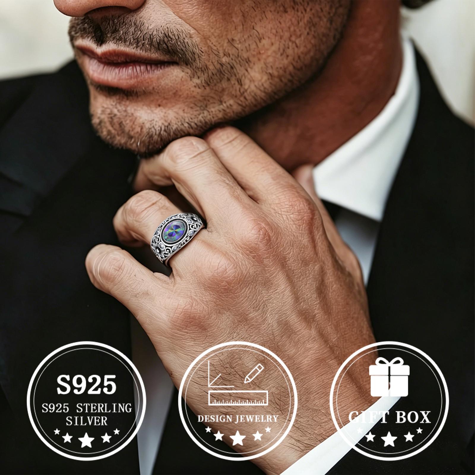 Men's S925 Silver Oval Iridescent Pattern Ring — Stylish Statement