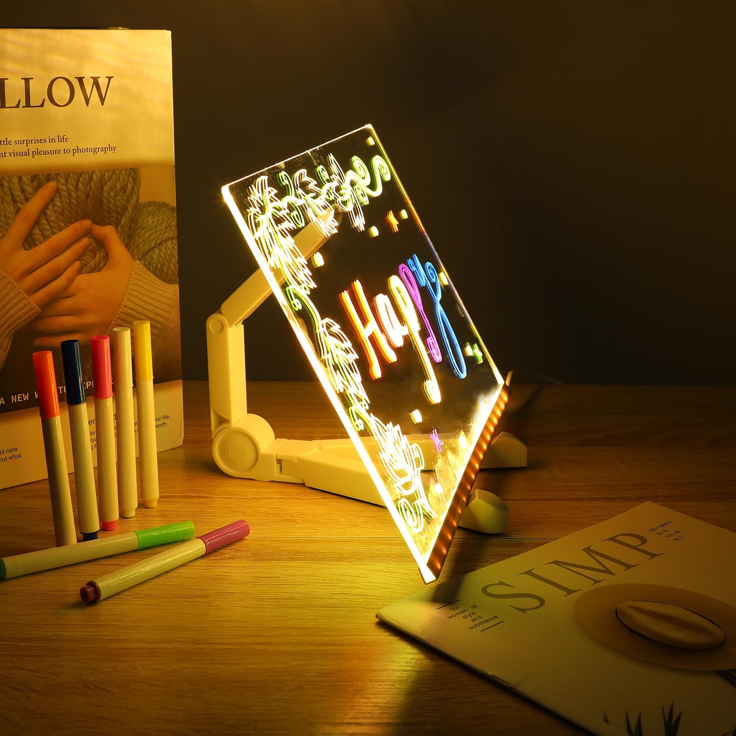 

Led Lighted Acrylic Dry Erase Board Set, Transparent Fluorescent Message Sign Board, With Stand, Includes 7 Markers, For And Drawing With Erasable -the-dark Surface