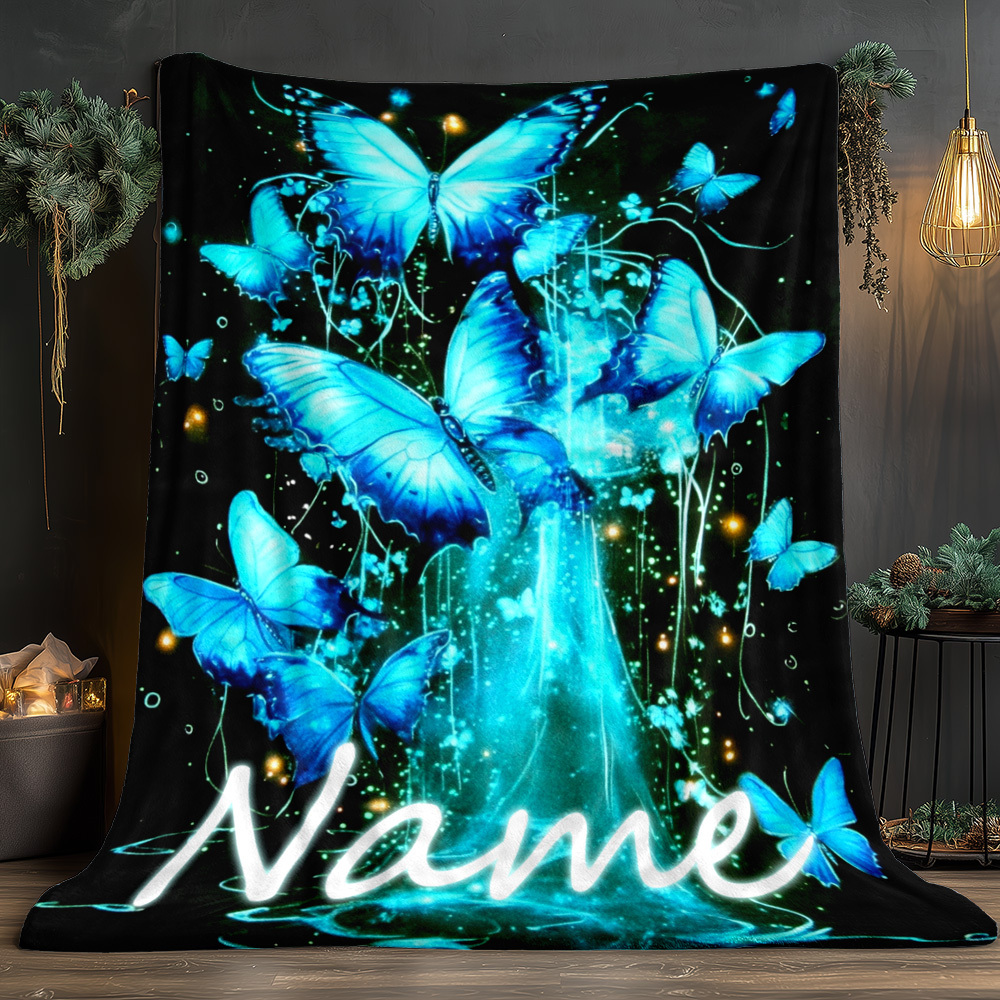 TEMU [custom] 1pc Blue Butterflies Custom Name Blanket - Lightweight Suitable For Sofas, Travel, Camping, Living Rooms, Offices, Chairs, And Warm
