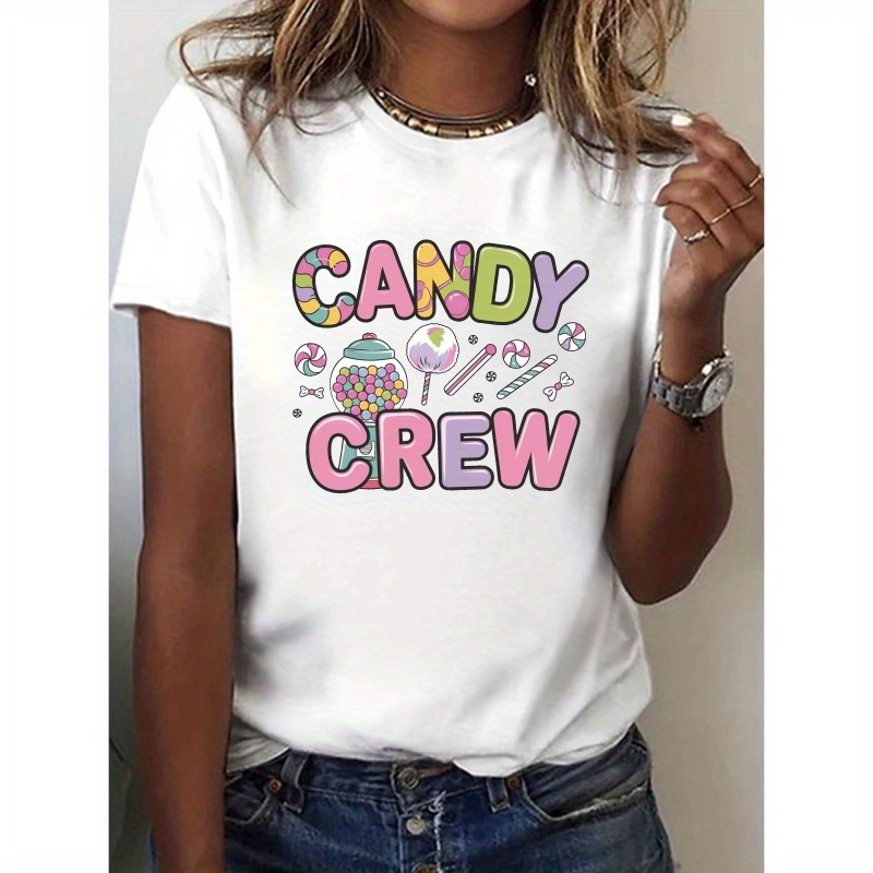 

Women's Casual Polyester T-shirt With Candy Crew Design, Geometric Pattern, Crew Neck, Short Sleeve, Regular Length, Knit Fabric Top - 95% Polyester, 5% Spandex, 180g/m²