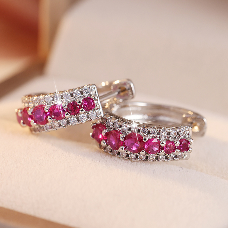 Women's Rose Red Synthetic Zirconia Curved Ear Buckle Earrings
