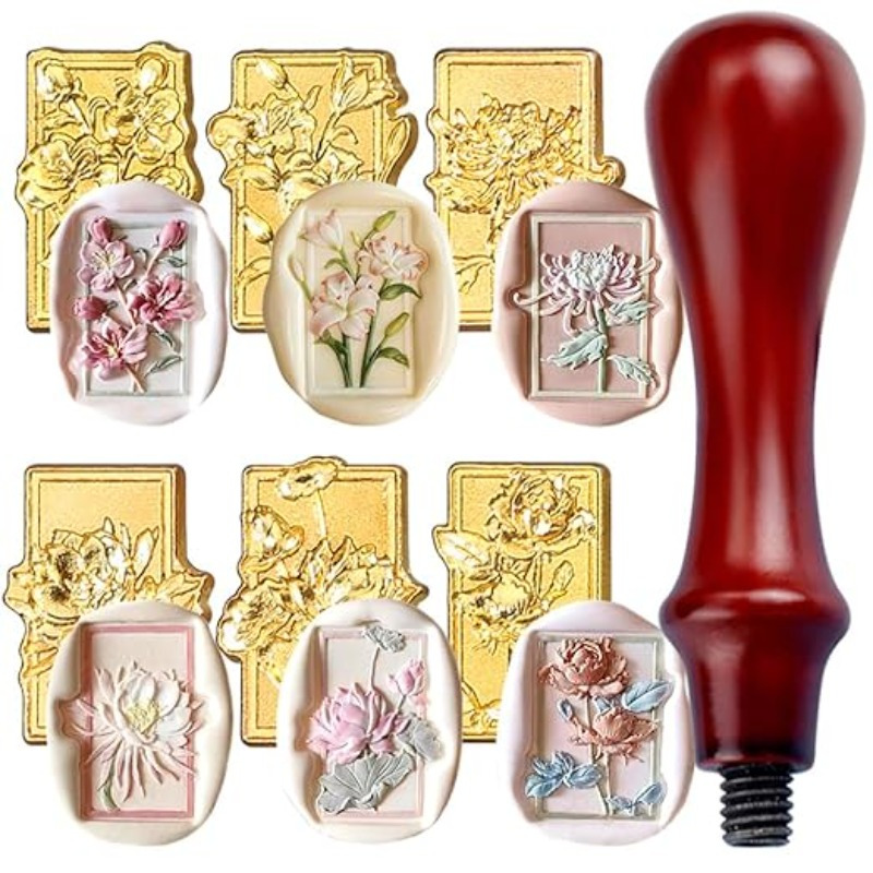 7pcs Flower Wax Seal Stamp Kit, Floral Wax Seal Stamp Head And Wooden Handle Wax Seal Kit, Sealing Wax Stamp Wax Stamp Seal Kit For Wedding Invitations Envelopes Christmas Cards Gift Packing Decor