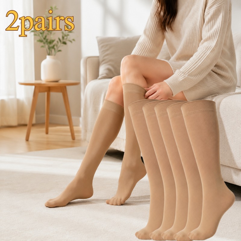 TEMU 2 paires de bas de compression légers pour femmes, tissu , leggings élastiques de couleur unie, chaussettes confortables et tendance pour toutes