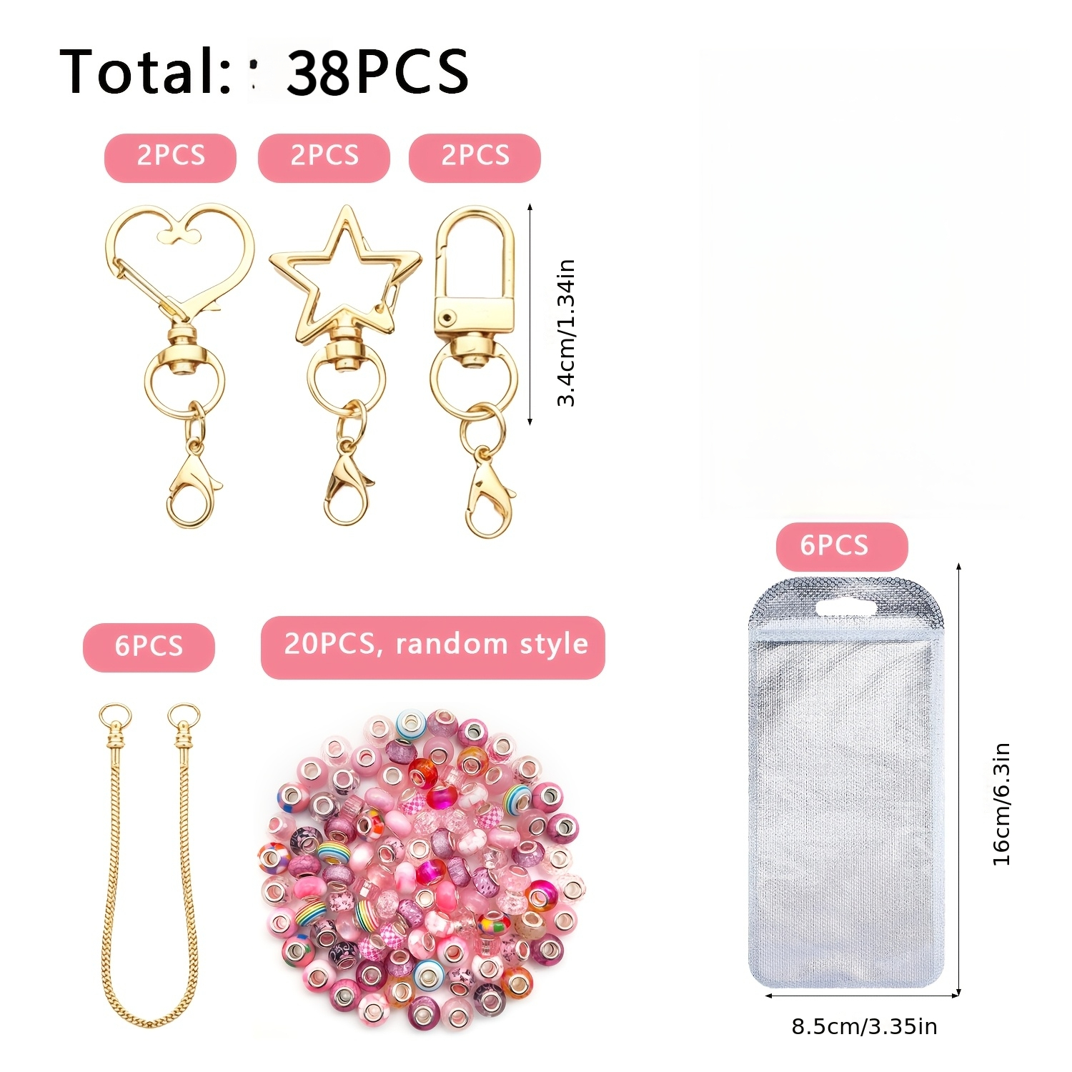 TEMU Juego de 38 piezas de llaveros de y estrella con cuentas de agujero grande, equipado con mini broches de langosta, cadenas de conexión y cuentas