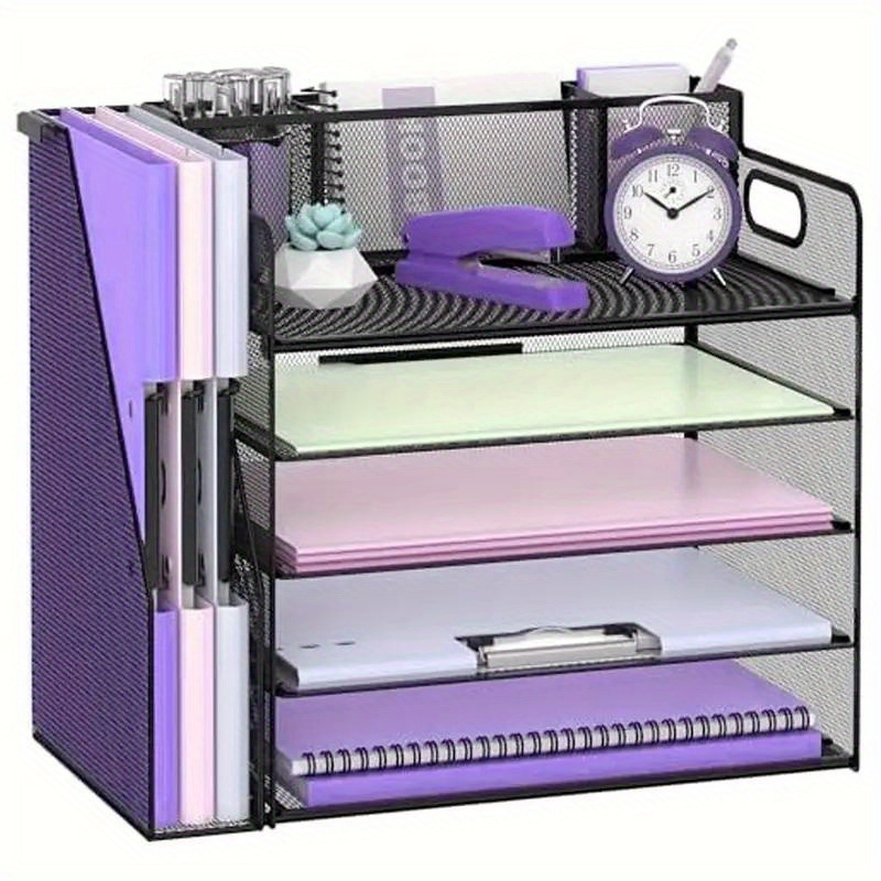 Daltack Desktop Organizer With File Rack - 5-tier Desktop Document Storage Box Featuring 3 Built-in Pen Holders, Paper Tray For Office & Home Organization, And Mesh Desktop Additions