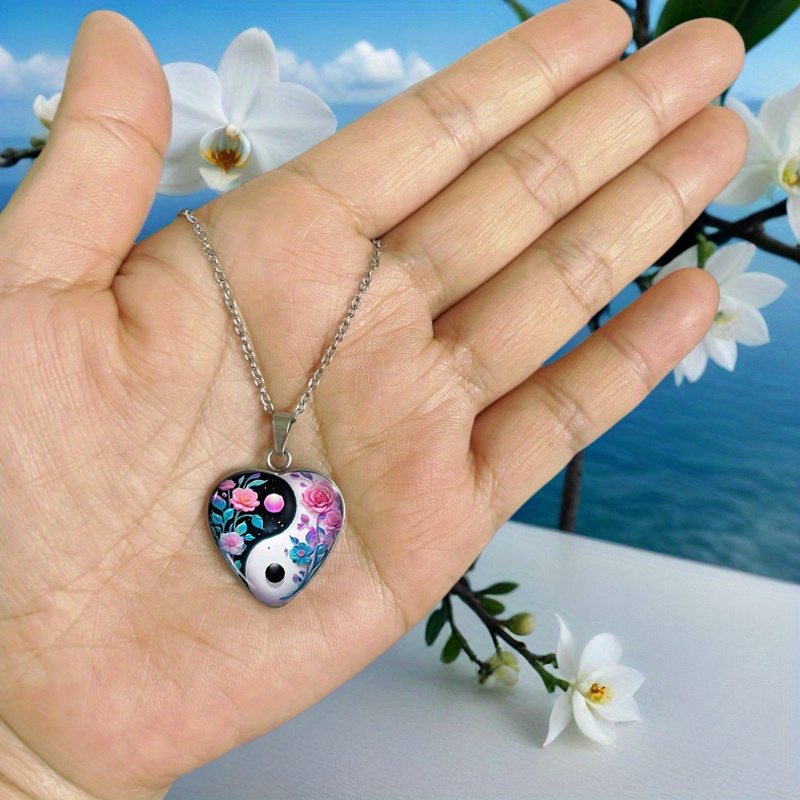 Heart-Shaped Stainless Steel Pendant Necklace with Yin-Yang Rose Pattern