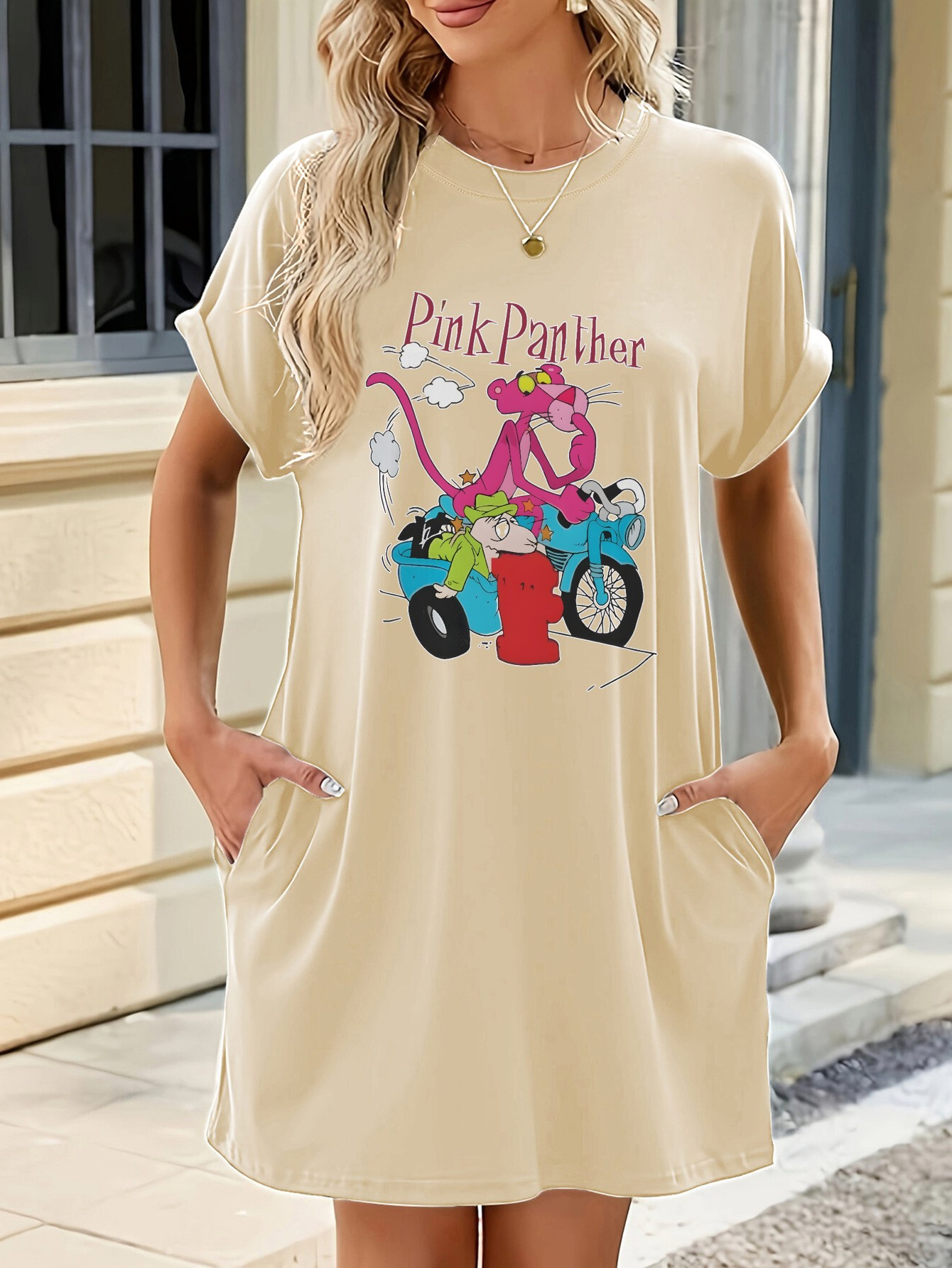 Women'S Casual T-Shirt Dress with Print Short Sleeve, Round Neck, Loose  Fit, Light Yellow, Side Pockets, Polyester Wear, Casual Wear Graphic