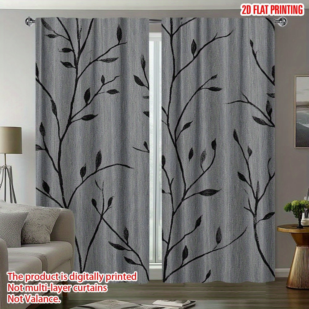 TEMU 2d Flat, 2pcs 2d Flat Printing Curtains, 2d Plane- 2d Plane- Two-dimensional Plane, Elegant Monochrome Curtains, Exquisite Tree Branch Design,