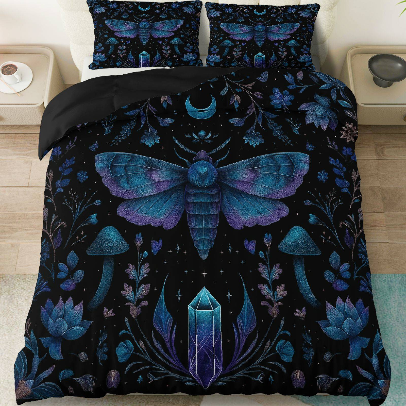 TEMU 3pcs Duvet Cover Set, 1 Duvet 2 Pillowcases( Without Filler), Moth Flower Mushroom Theme, Halloween Bedding Set, Celestial Mystical Gothic