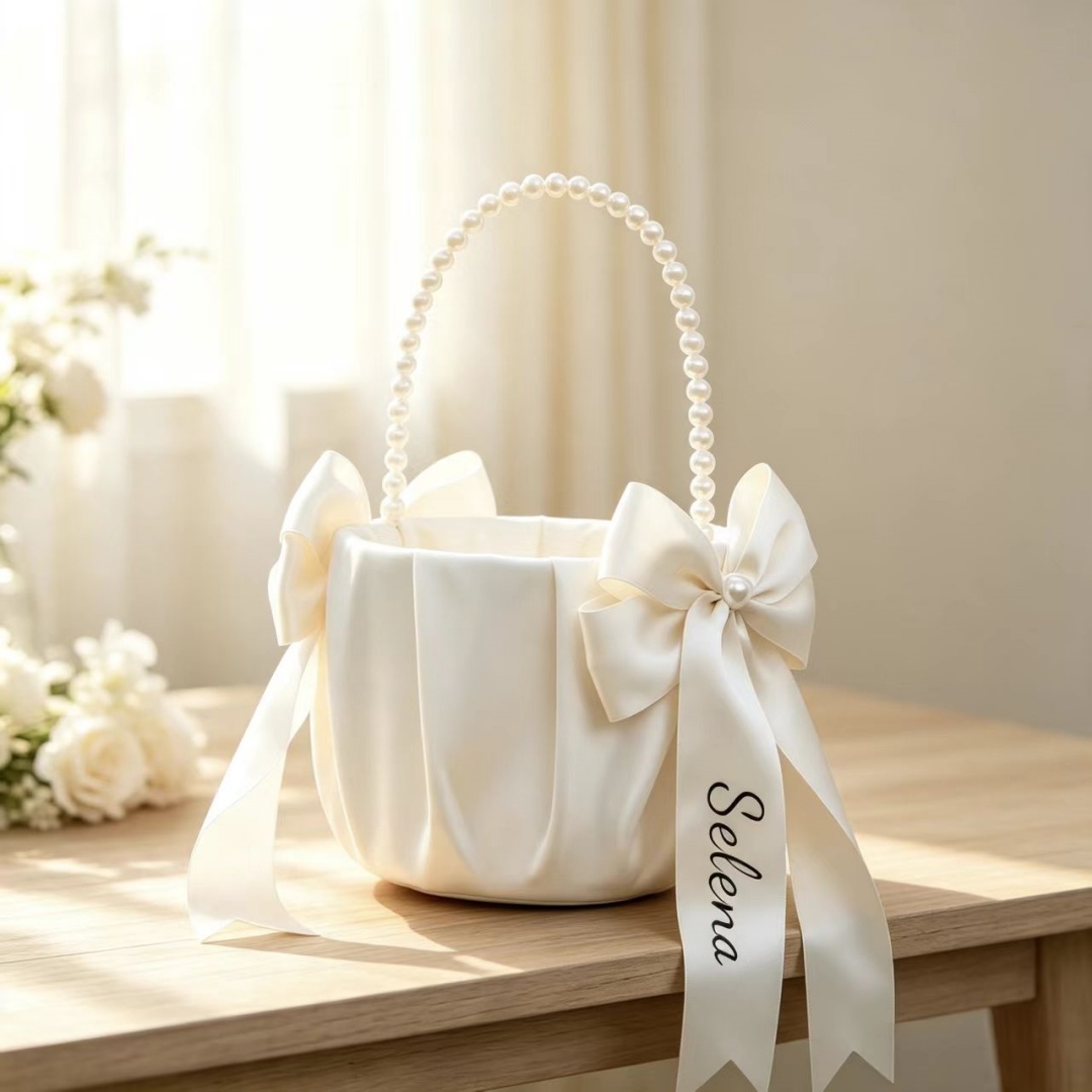 TEMU 1pc Custom Text ~ Custom Date ~ Custom Image ~ Light Luxury Satin Pearl Handheld Flower Basket, Wedding Petal Toss Small Flower Basket, Outdoor
