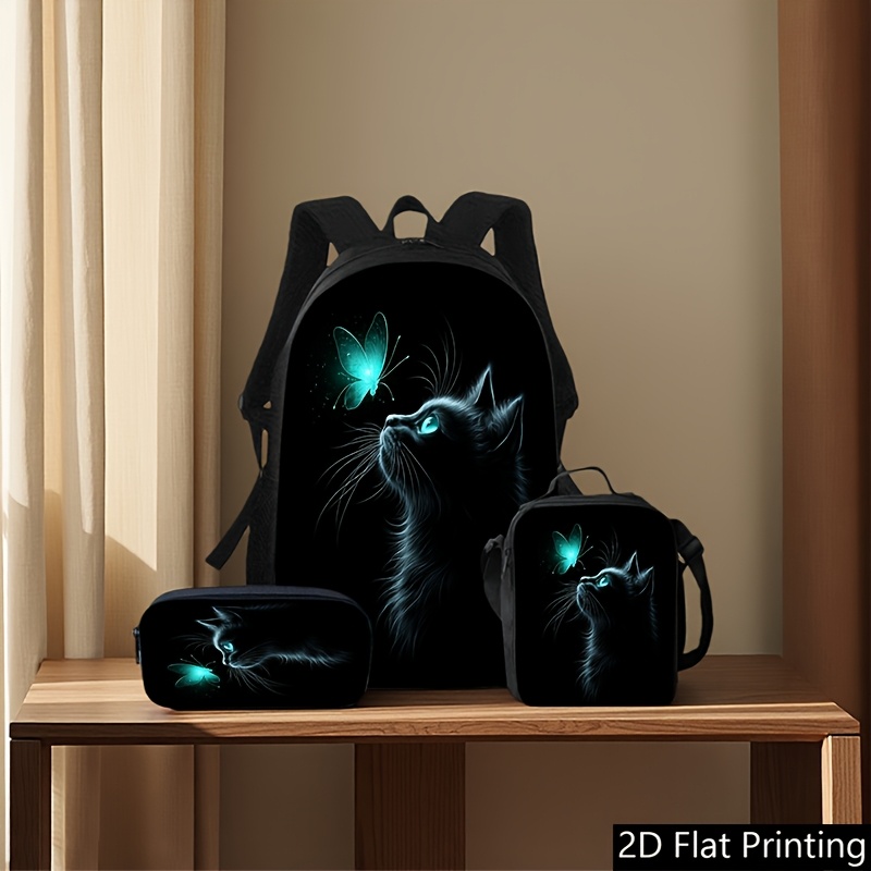 Fashionable -themed Backpack 3pcs Set, Including Large Capacity Backpack, Crossbody Pouch, And Pencil Case, Black Background With And Cat , Strong Visual Impact With -dark Effect