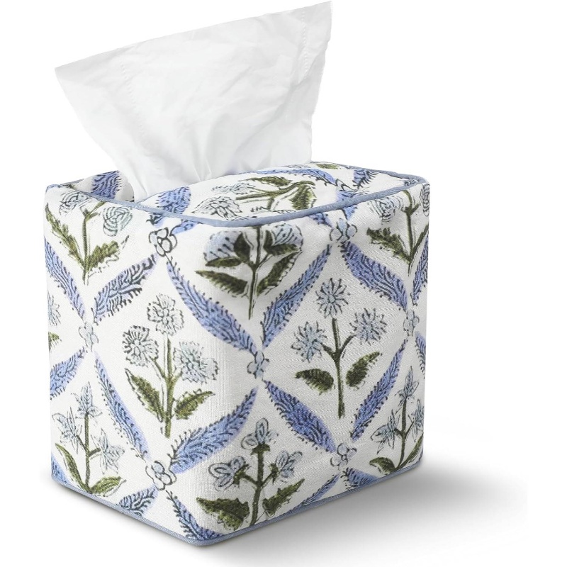 1pc elegant fabric tissue box cover & napkin holder - blue floral print with   &   trim, soft pastel blue/green/white, fits square/rectangular tissue boxes, space-saving decorative storage for bathroom, bedroom, office - handmade-look design, machine washable & crack-proof, fits most tissue boxes (paper not included) -   decor in blue, green, beige colors Product details 0