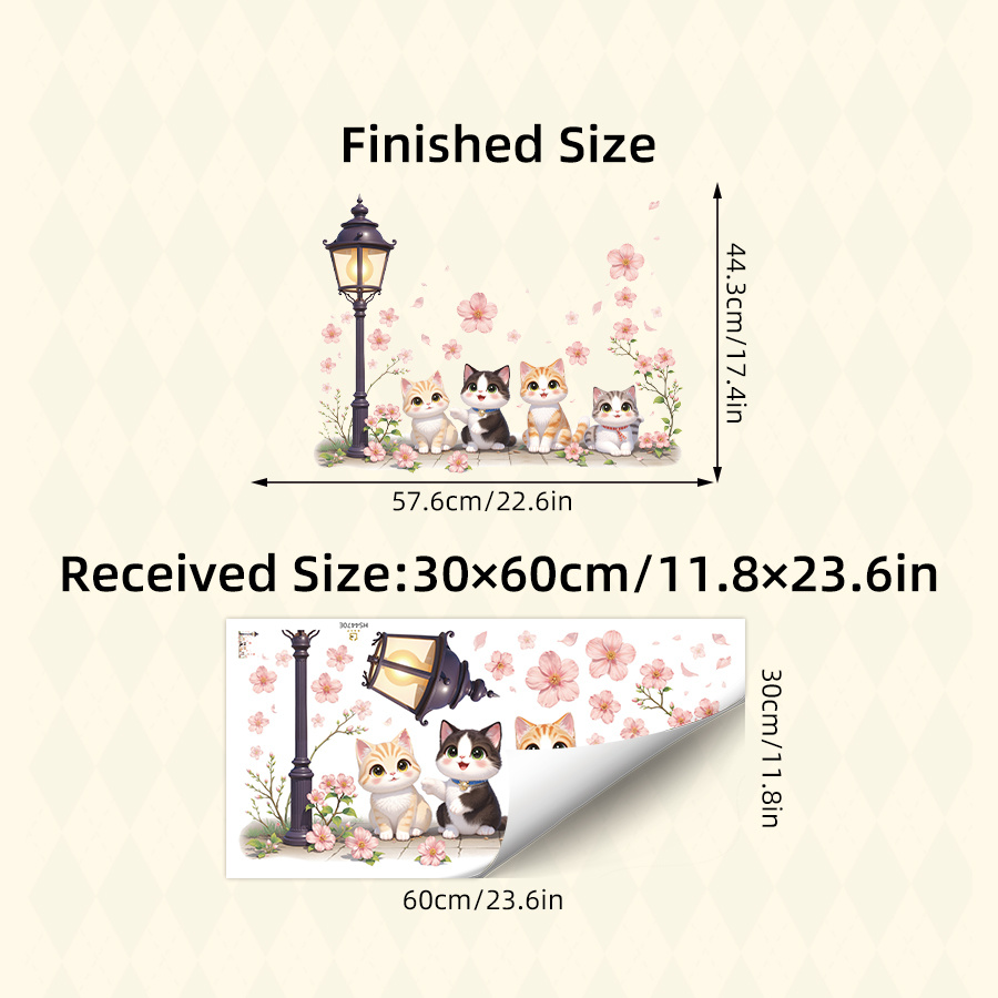 Image of Cute Cat Wall Sticker, Cherry Tree Removable Peel And Stick Wall Decal, Aesthetic Pastel Animal Art For Bedroom, Living Room, Home Decor
