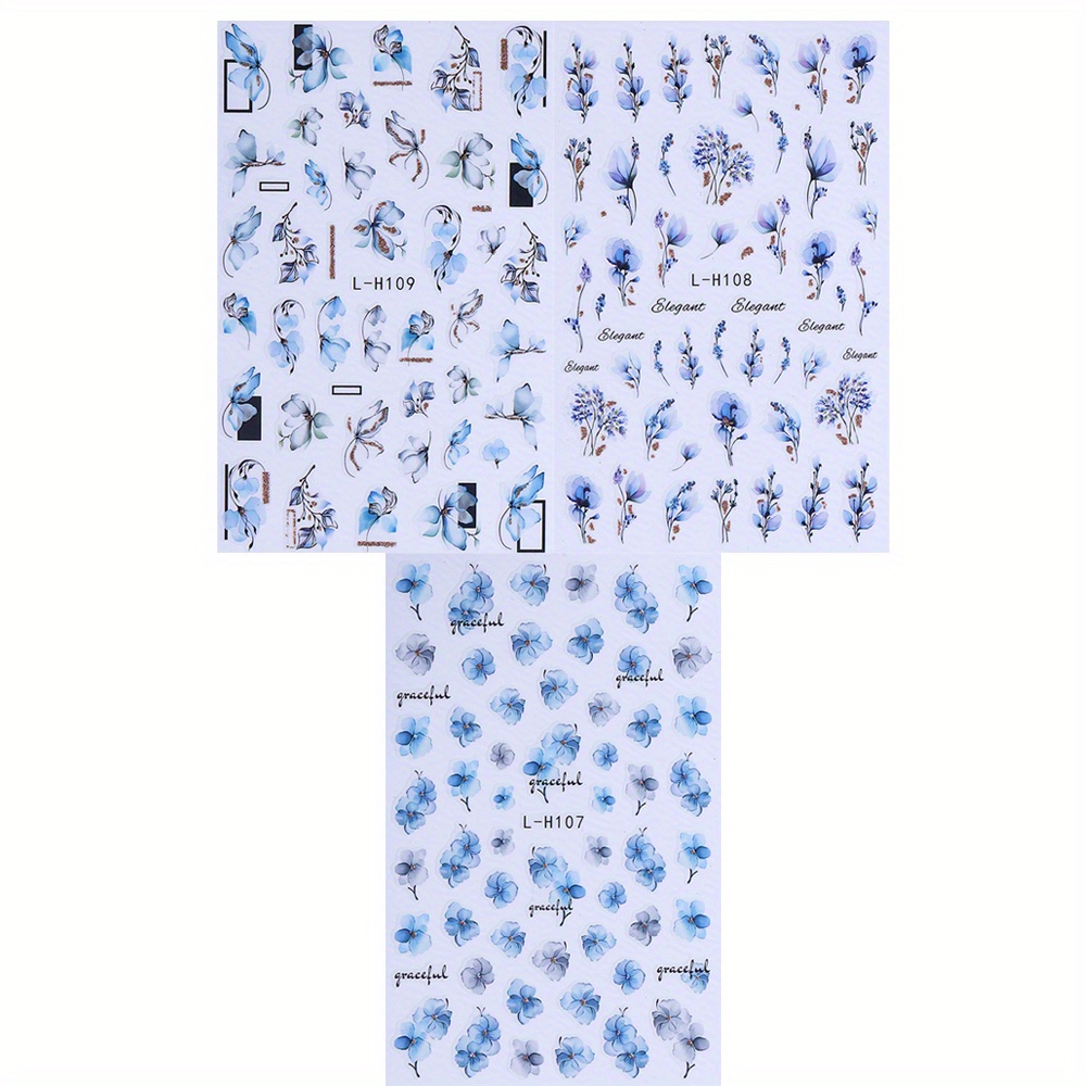 Image of 3pcs Watecolor Blue Flower Nail Stickers Ink Flower Leaves Graffiti Slides 3d Smoke Watercolor Floral Designs Nail Art Decals 3d Self Adhesive Summer Manicure Foils