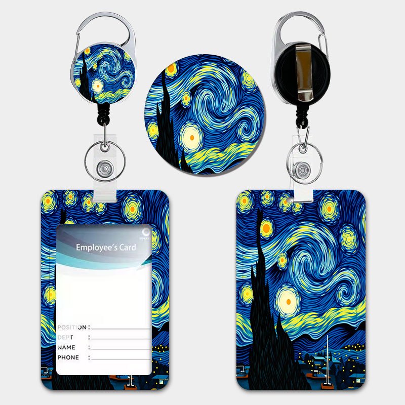TEMU A Blue Document Protection Case With A Starry Night Print, Featuring A Retractable Lanyard With A Pull Tab And A Durable Plastic Card Holder,