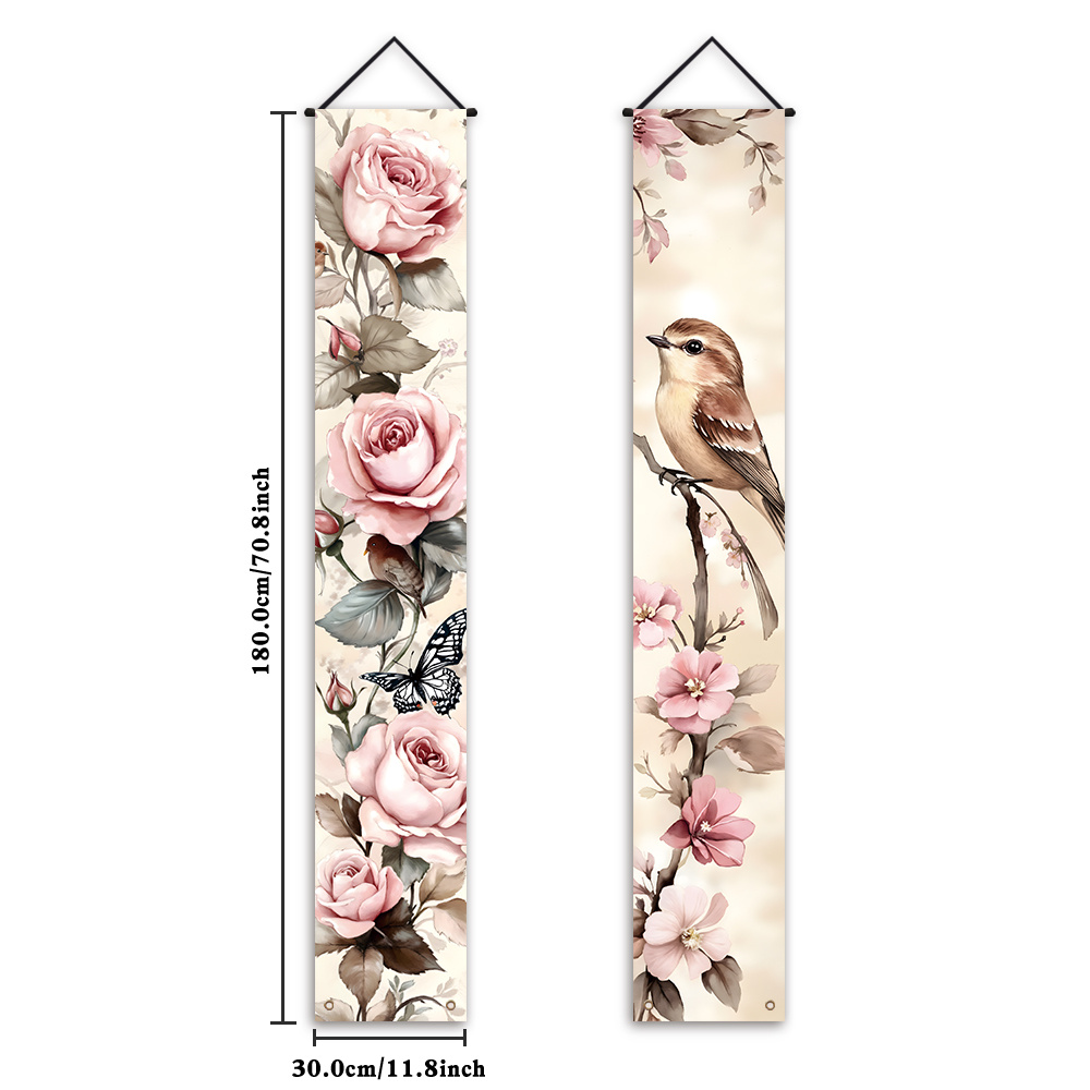 E-shop 2D Flach, 1 Paar Frühlingsbanner mit Rosen-, Vogel- & Schmetterlingsmustern – Frühlingsparty-Dekoration geeignet für Ostern, Muttertag, Frühling