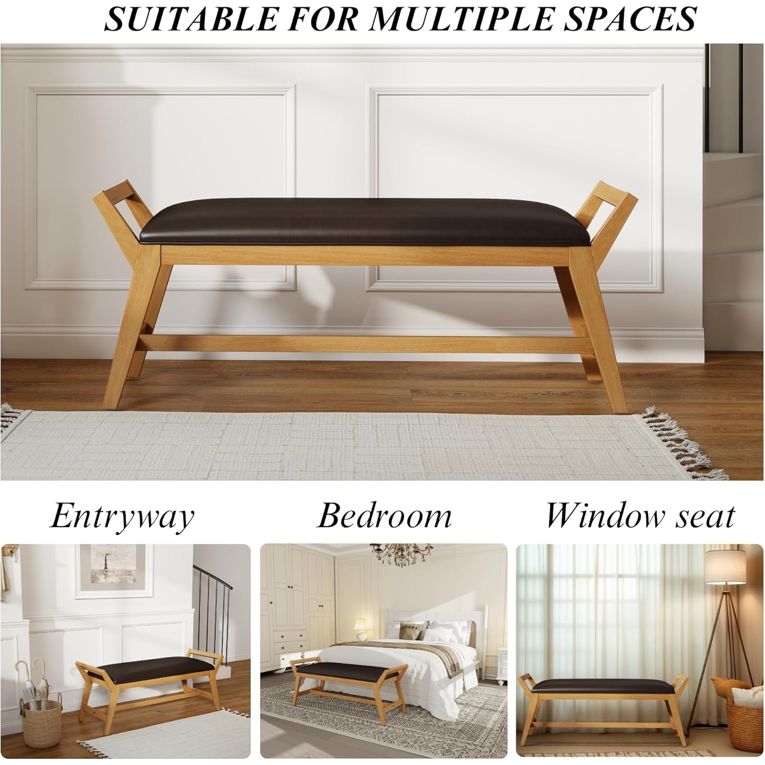 1pc 51Inch End of Bed Bench | Solid Wood Frame, Fabric Upholstered Ottoman Bench for Entryway, Bedroom, Hallway, Living Room, Modern Style