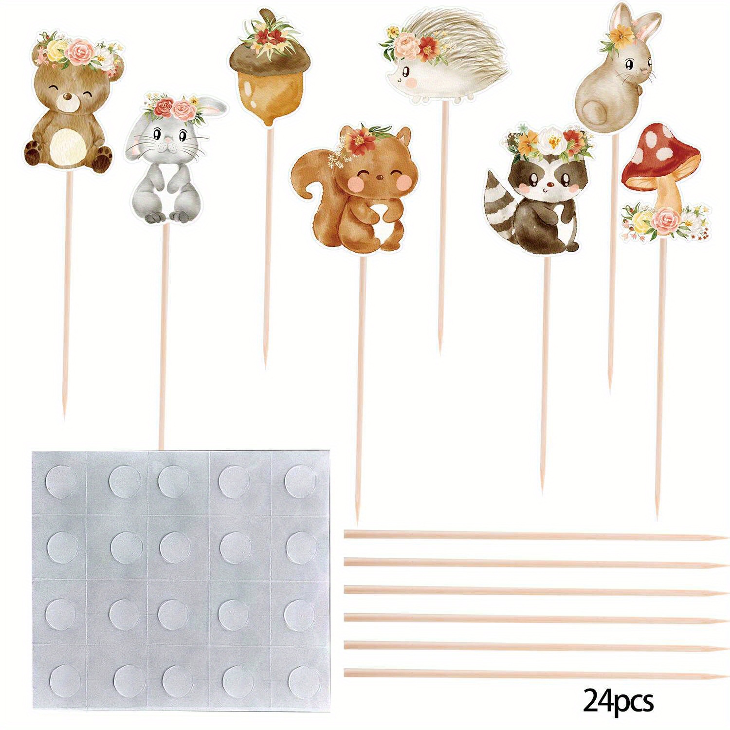 Image of 24pcs Cartoon Animal Cupcake Toppers Rabbit Bear Mushroom Topper For Forest Animal Birthday Party Cake Decorations