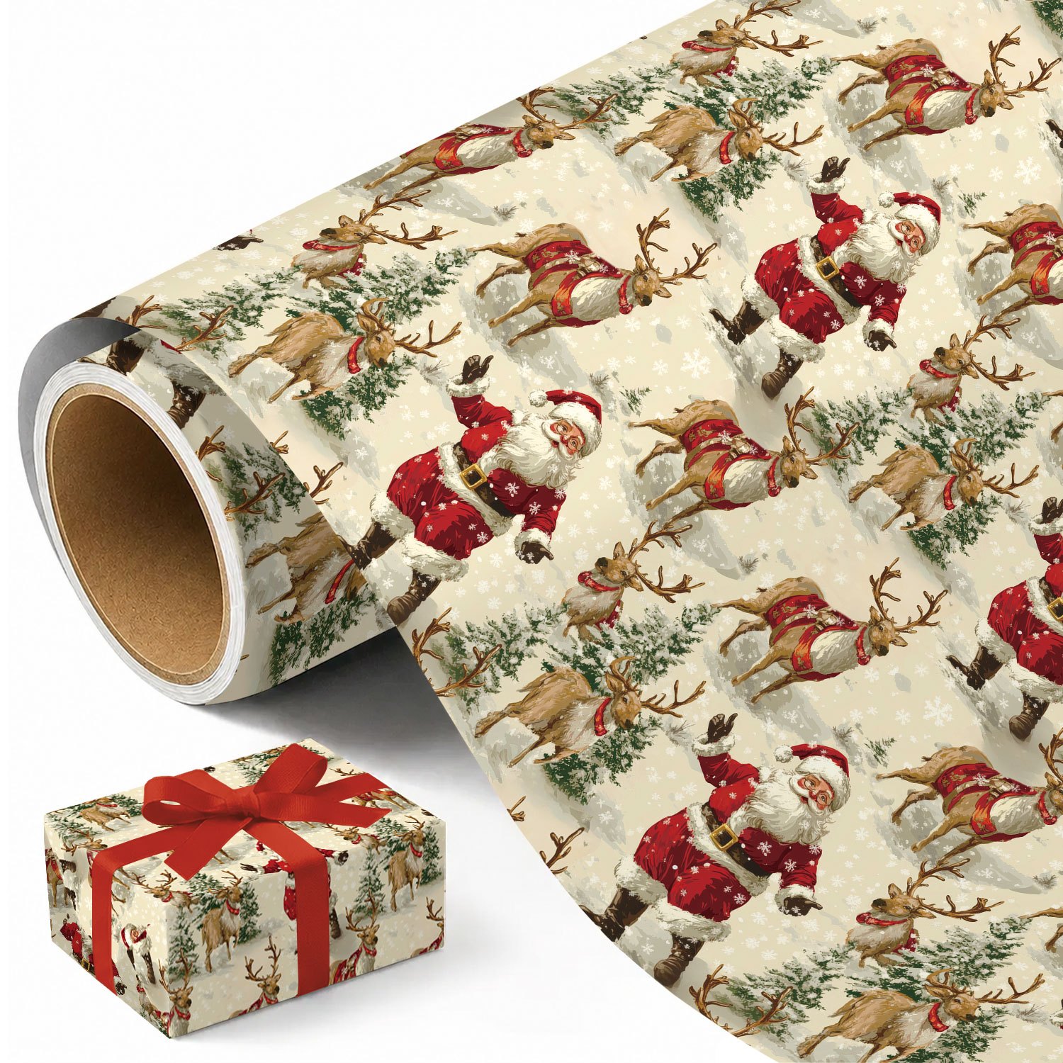 TEMU 1 Roll Vintage Christmas Wrapping Paper - Xmas Elk, Santa Claus Pattern, Designs For Holiday - Measuring 45cm X 300cm (17.7in X 118in)