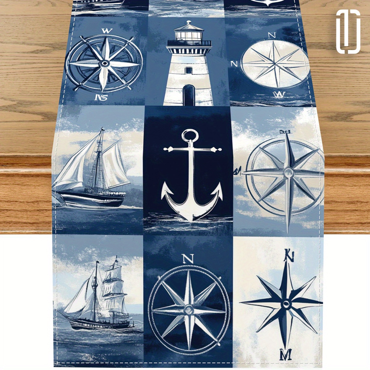 TEMU 1pc Nautical Table Runner With Maritime Elements - Polyester, Rectangular, Blue And Featuring , Compasses, And Anchors - Kitchen, Dining, And