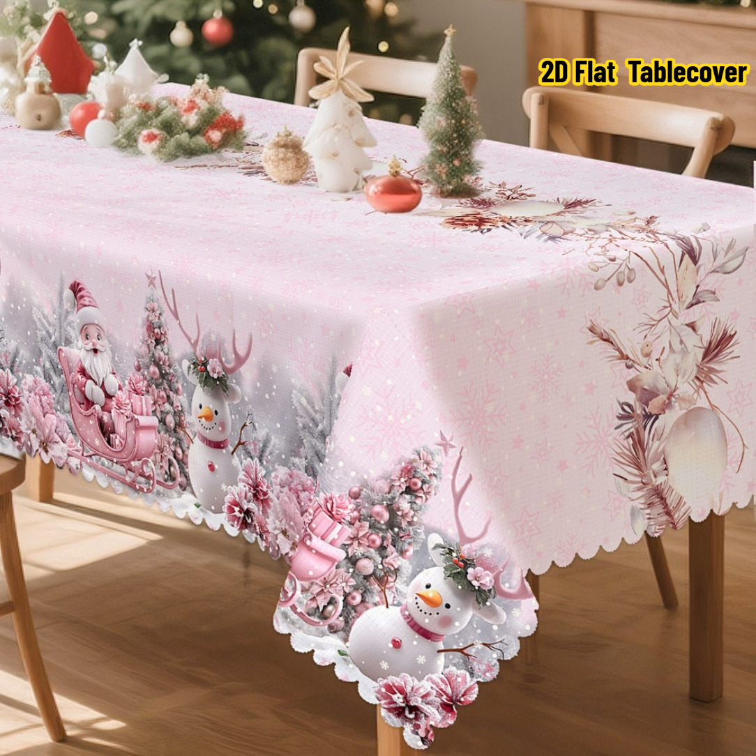 TEMU 2d Flat Tablecover Christmas Winter Snow Tablecloth | Pink Decoration With Snowmen, Christmas Trees, Reindeer, Santa Claus, Butterflies, And