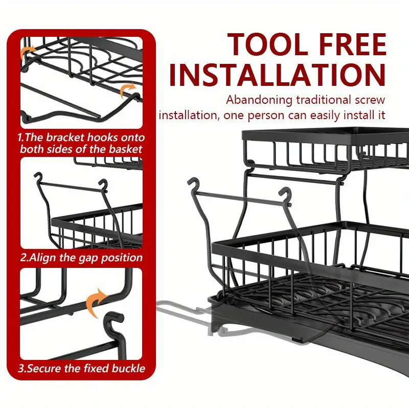 double dish rack for double countertops is here it has a unique 360 drainage function tableware can dry quickly the drain tray with the cutlery rack and 4 cup holders is above the sink or a cup it can Product details 5