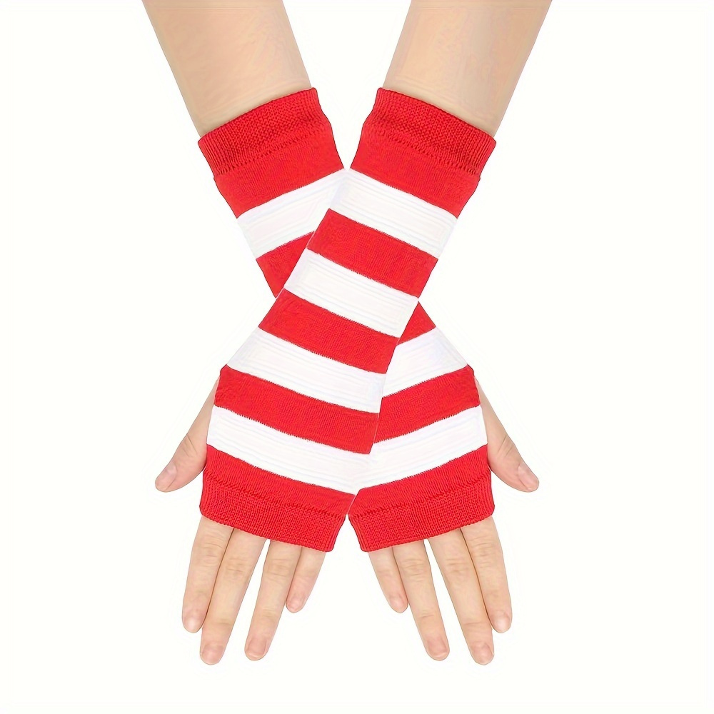 

2pcs Christmas Knit Fingerless Gloves, Striped Wrist Covers, Decorative Fabric Sleeves For Evening Date Night