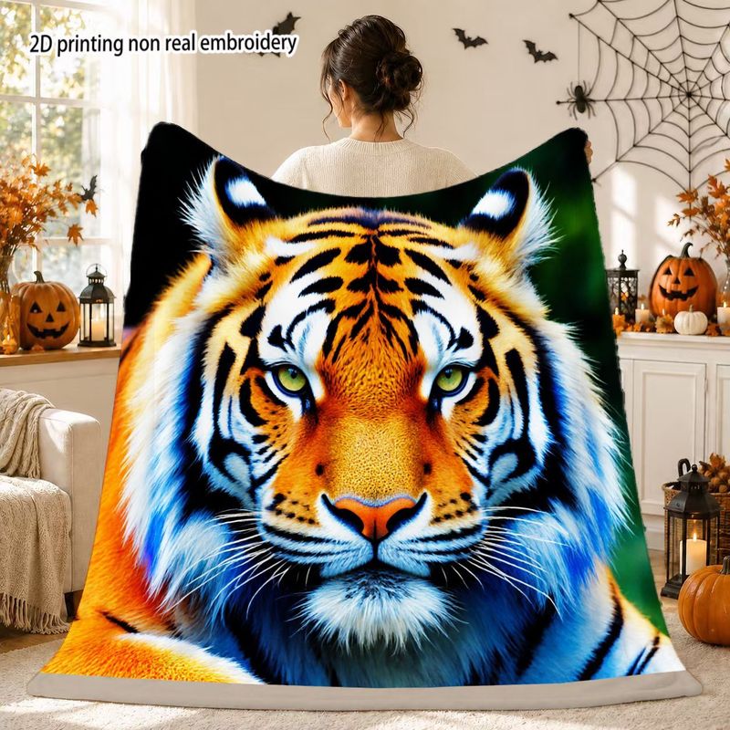 TEMU 2d Printing Non-real 1pc Christmas And Halloween Blanket Tiger Pattern Blanket - Soft Fleece Throw, Vivid 3d Big Cat Portrait, Cozy Warm Bedding