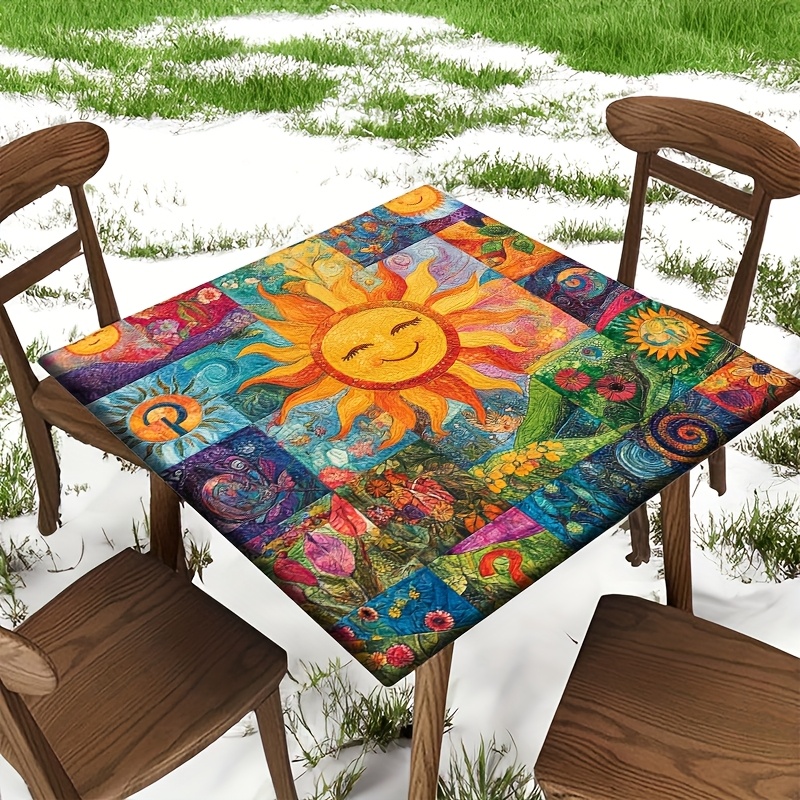 TEMU A Printed Elastic Square Tablecloth - Vibrant And Colorful Sun And Peace Pattern, Durable Polyester Fiber Fabric, Suitable For Indoor/outdoor