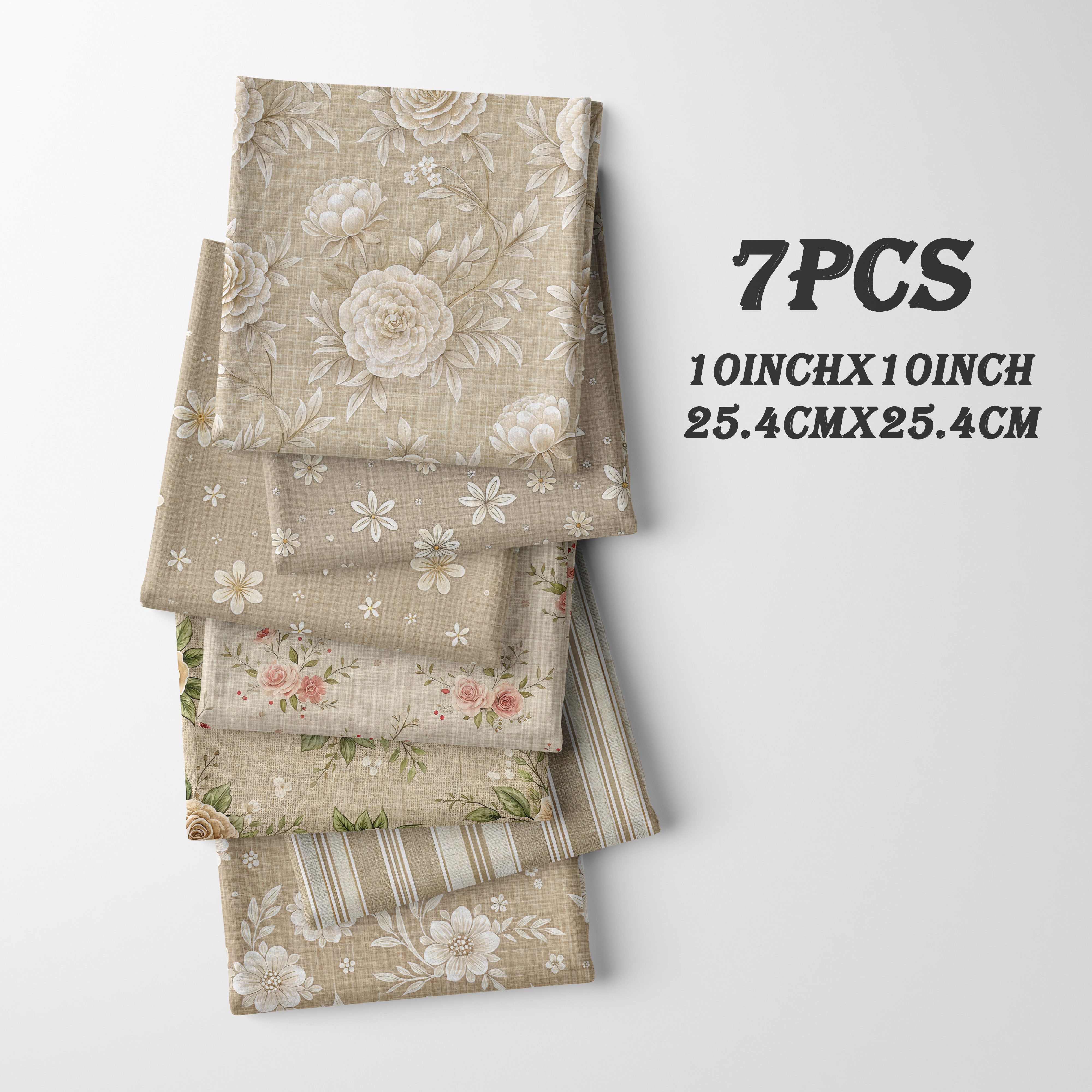 TEMU 7pcs Set 10-inch ( X 25.4cm) Retro Theme Pre-cut Fabric, Beige Background With Large Peonies, Scattered Small Flowers, Easy Striped Print, 100%