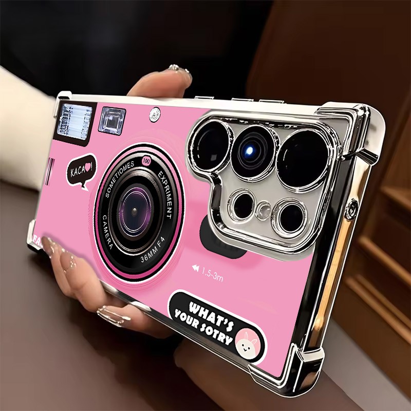 Image of Phone Case: Phone Case - Phone Cover Suitable For Galaxy S25 S24 S23 S22 Fe 4g 5g, Featuring A Camera Design With An Adorable Bear Sticker, Artistic Photography Theme, Electroplated Edges, Sturdy Back
