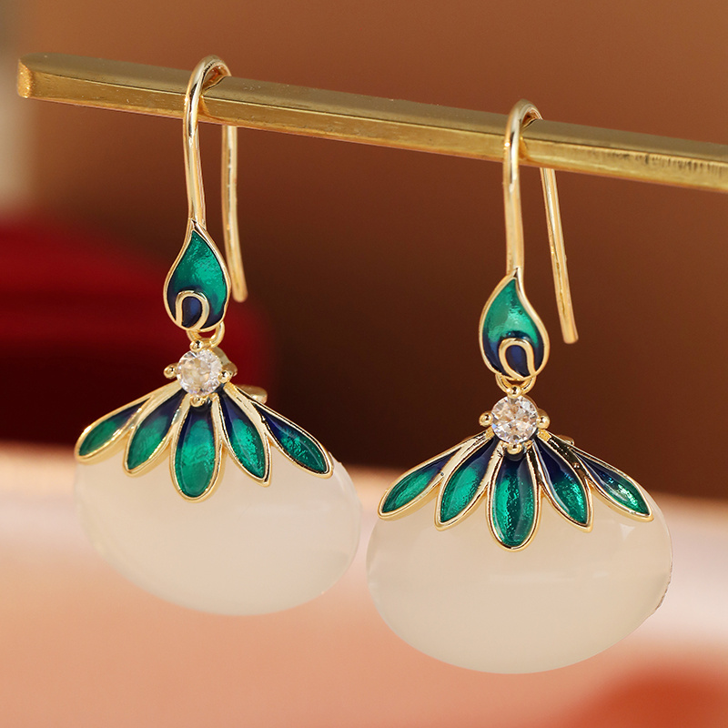 Vintage Drape Earrings with Pale Green Oval Setting