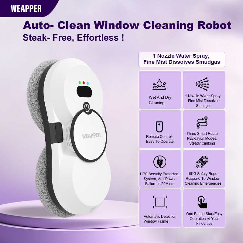 6800pa Remote Control Automatic Window Cleaning Robot – 1 Nozzle Water Spray, High Suction, Anti-fall