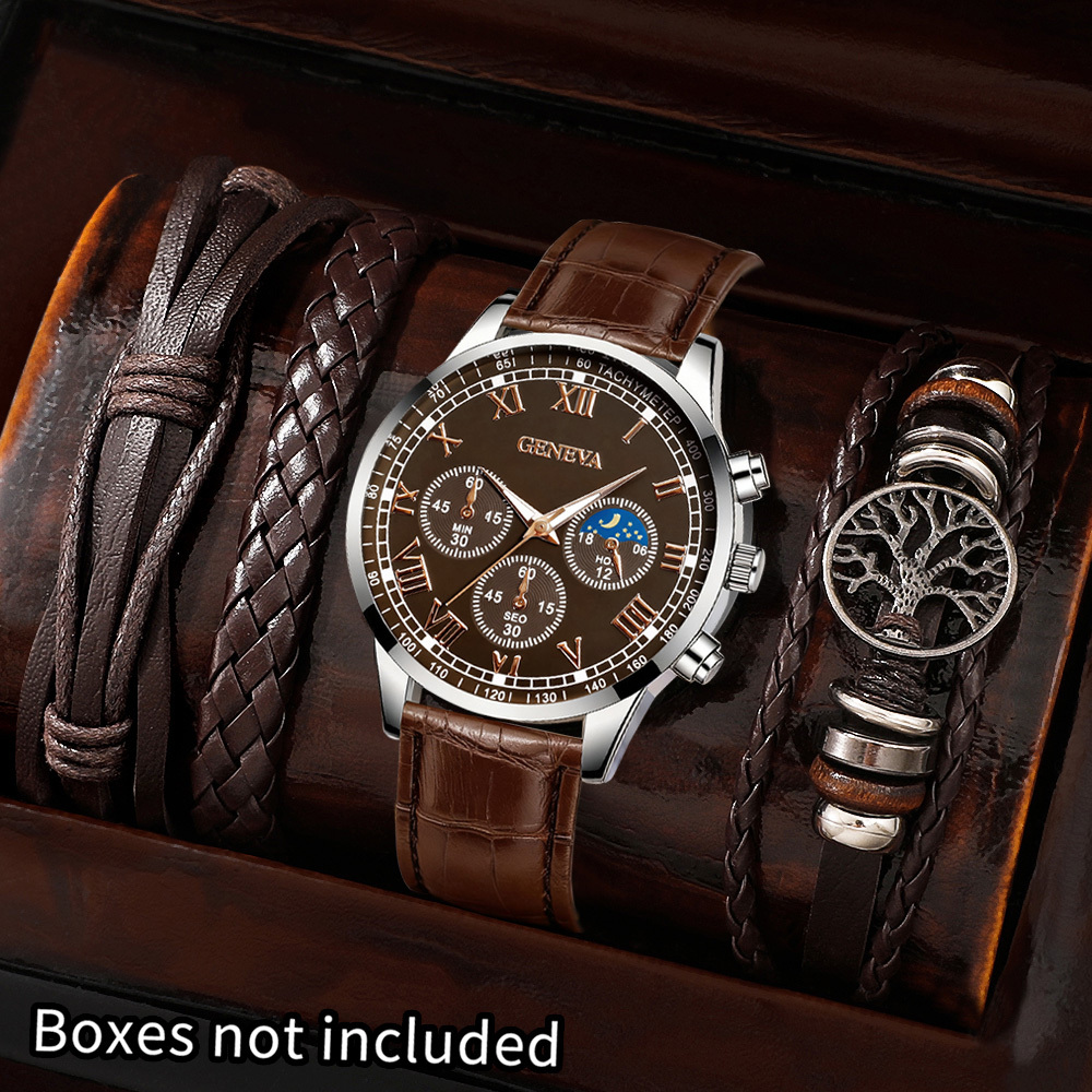 Image of 4pcs Men's -garde Quartz Watch Wristwatch + Exquisite Bracelet Set For Daily Wear, Parties, Valentine's Day, Easter, Christmas, New Year's Day, Halloween, Ramadan, Gifts For