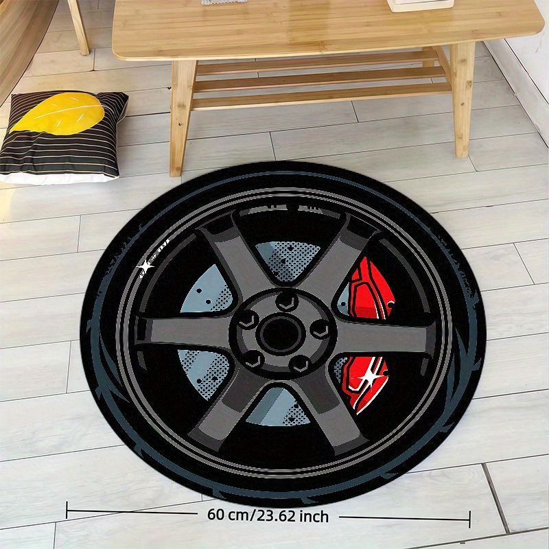 TEMU 1pc Round Flannel Floor Mat With Cool Racing Wheel Design, Non-slip And Absorbent, Suitable For Living Room, Bedroom, And Home Use, Ideal As A