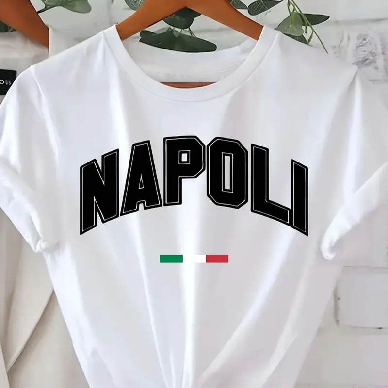 

Women's "napoli" Letter Print T-shirt - Casual Crew Neck, Short Sleeve Top, Lightweight Polyester , Ideal For , Machine Washable, Summer Top | Knotted Hem Style | Knit Nontransparent