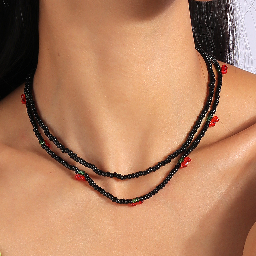 2pcs Women's Cherry Fruit Bead Necklace Set Bohemian Gothic Style